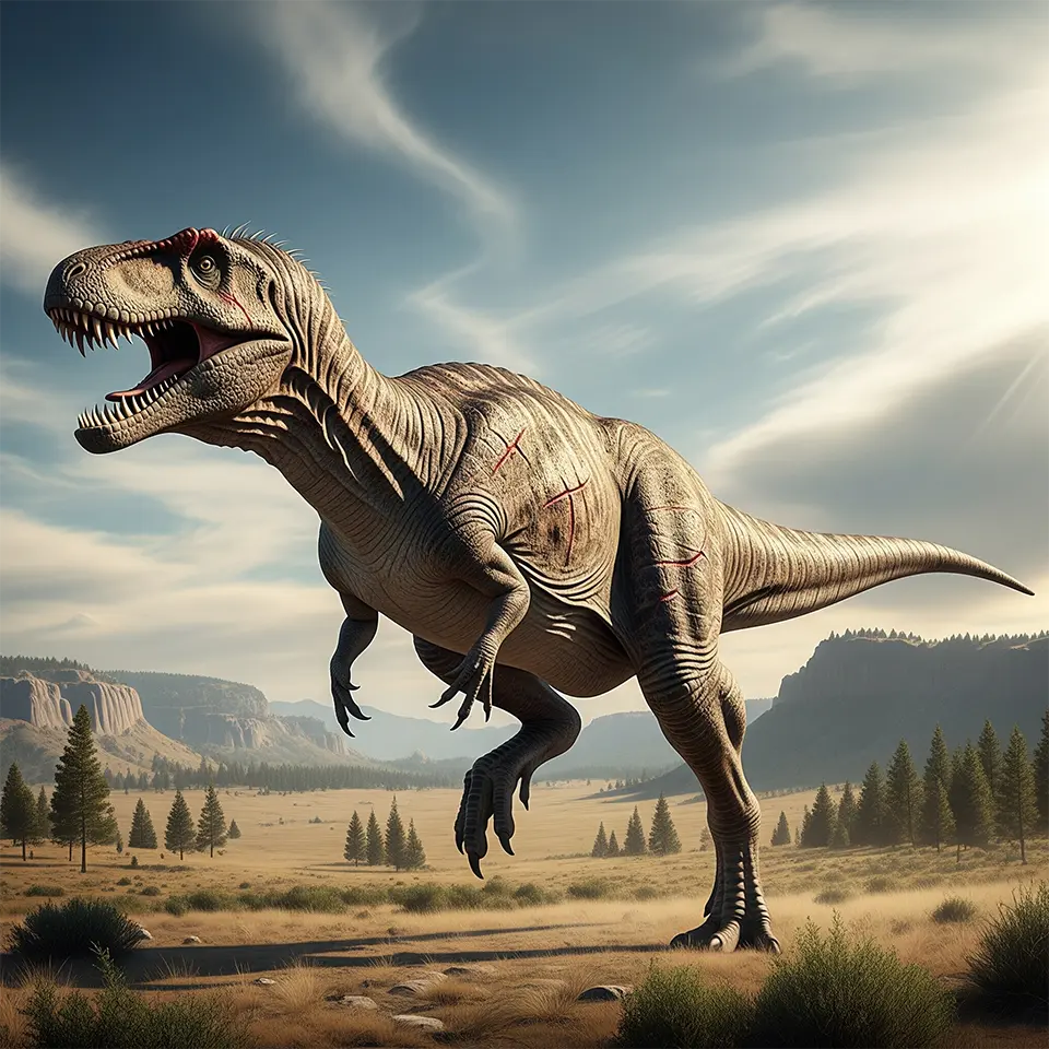 Allosaurus in einer offenen Landschaft der späten Jura-Zeit, mit geöffnetem Maul in Angriffshaltung.