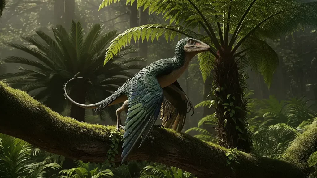 Illustration eines Archaeopteryx im dichten Jurawald – basierend auf Fossilfunden aus Süddeutschland.