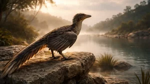 Fotorealistische Darstellung des Archaeopteryx als Urvogel der Evolution in einer jurazeitlichen Landschaft