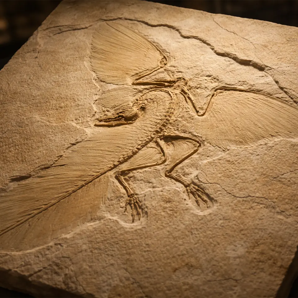 Fossil des Archaeopteryx im Solnhofener Plattenkalk mit gut erkennbaren Federn, Skelett und langem knöchernen Schwanz