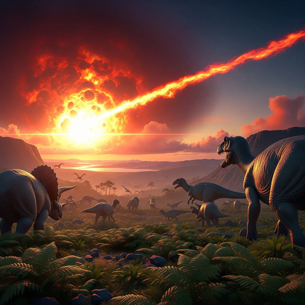 Asteroideneinschlag am Ende der Kreidezeit aus Sicht der Dinosaurier – Feuerball am Himmel, fliehende Dinosaurier, dramatische Szene