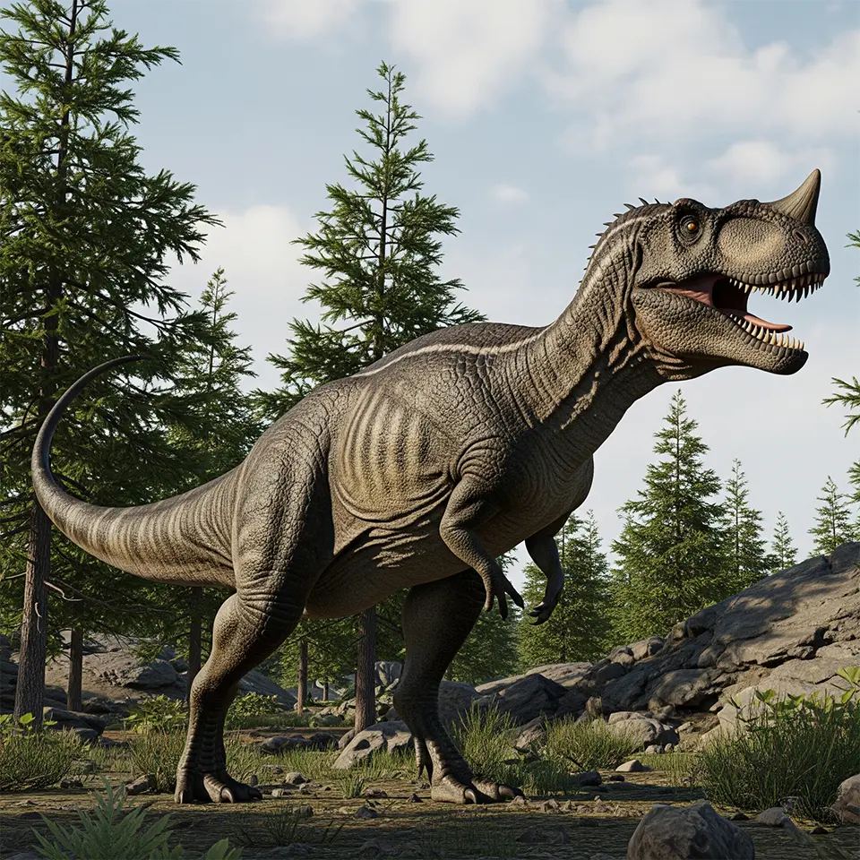 Fotorealistische Darstellung eines ausgewachsenen Ceratosaurus nasicornis in Jura-Landschaft mit Nadelbäumen und felsigem Boden