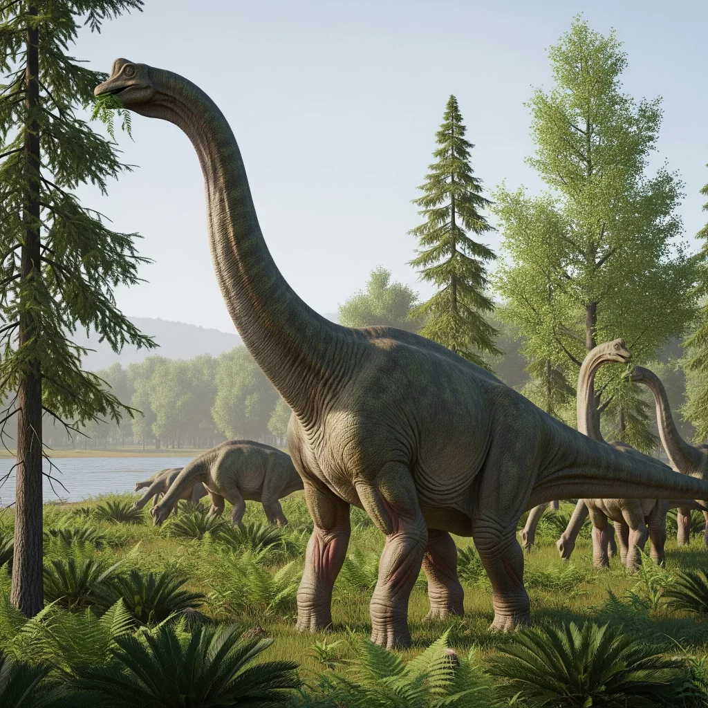 Brachiosaurus stellt sich im Film auf Hinterbeine, daneben die realistische Fresshaltung auf allen Vieren