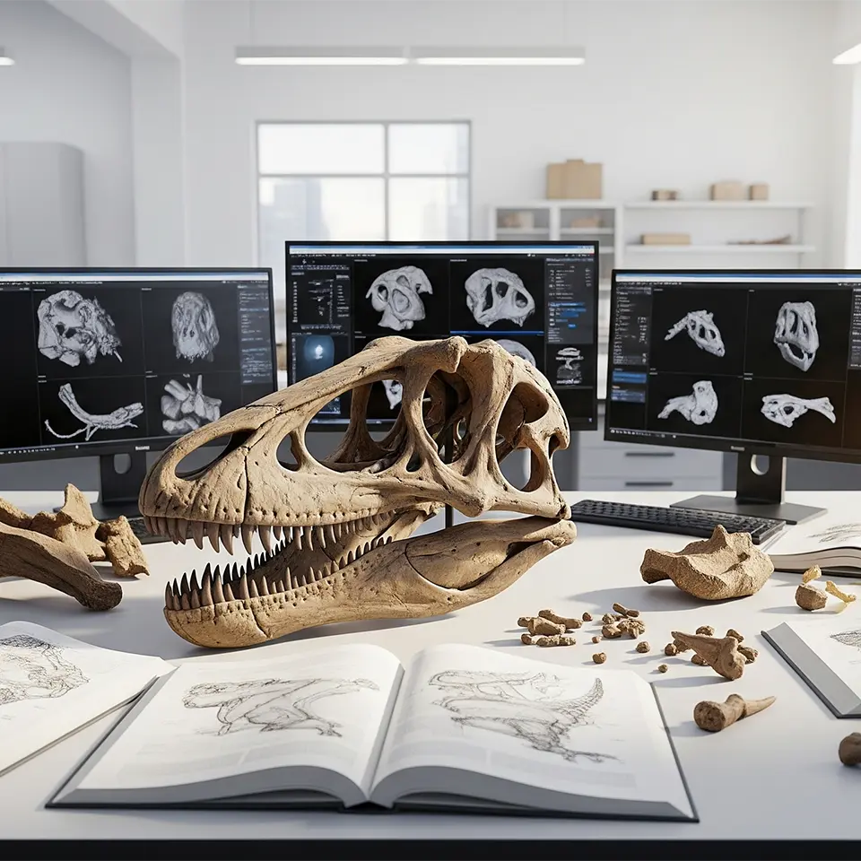 Schädel eines Ceratosaurus mit Fossilienfragmenten, Fachbüchern und digitalen Rekonstruktionen auf Monitoren in einem Paläontologie-Labor.