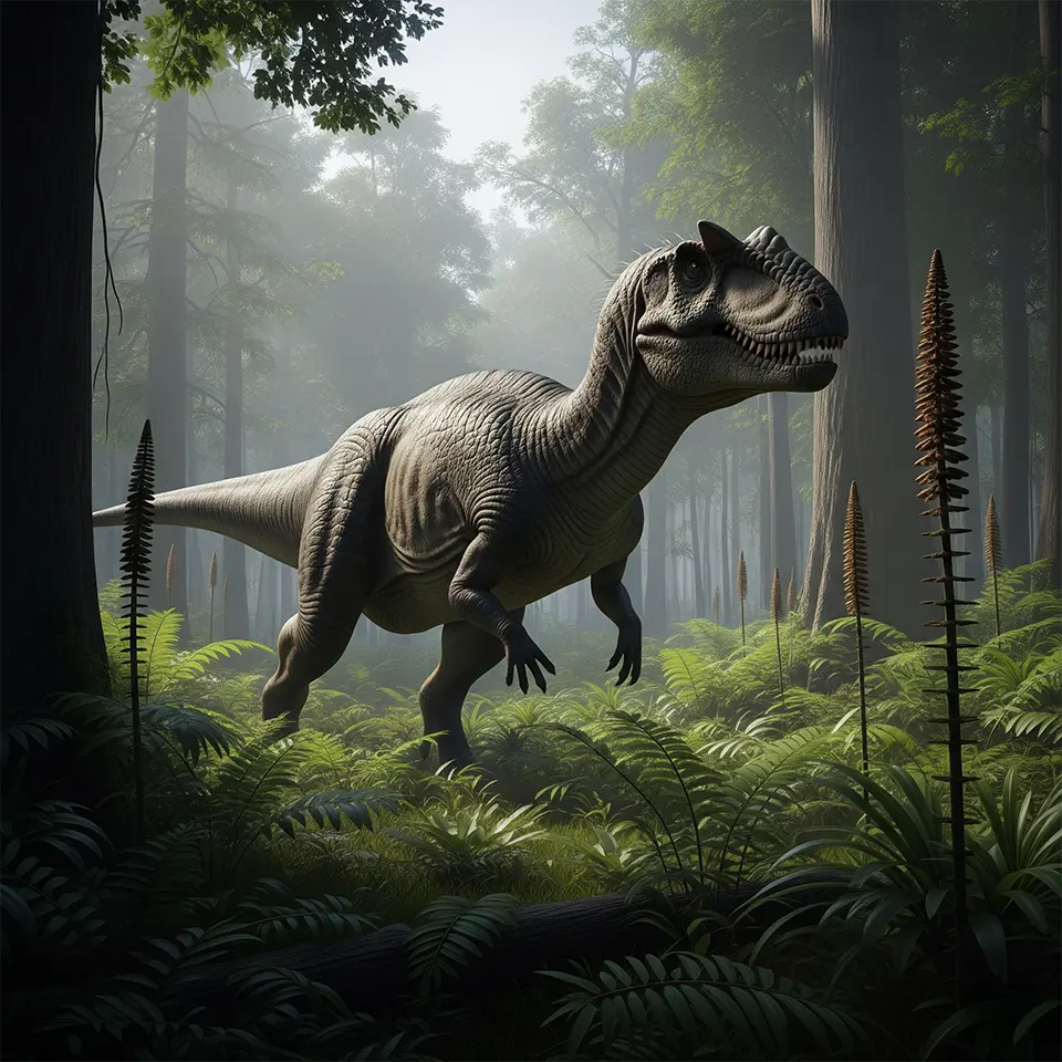 Ceratosaurus in einem urzeitlichen Wald – naturgetreue Darstellung eines fleischfressenden Dinosauriers in seiner natürlichen Umgebung