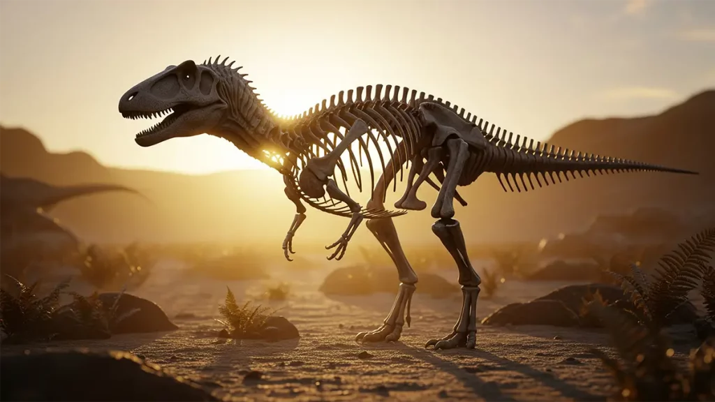 Skelett eines Ceratosaurus bei Sonnenuntergang in wüstenartiger Landschaft – fotorealistische Darstellung eines Dinosaurier-Fossils