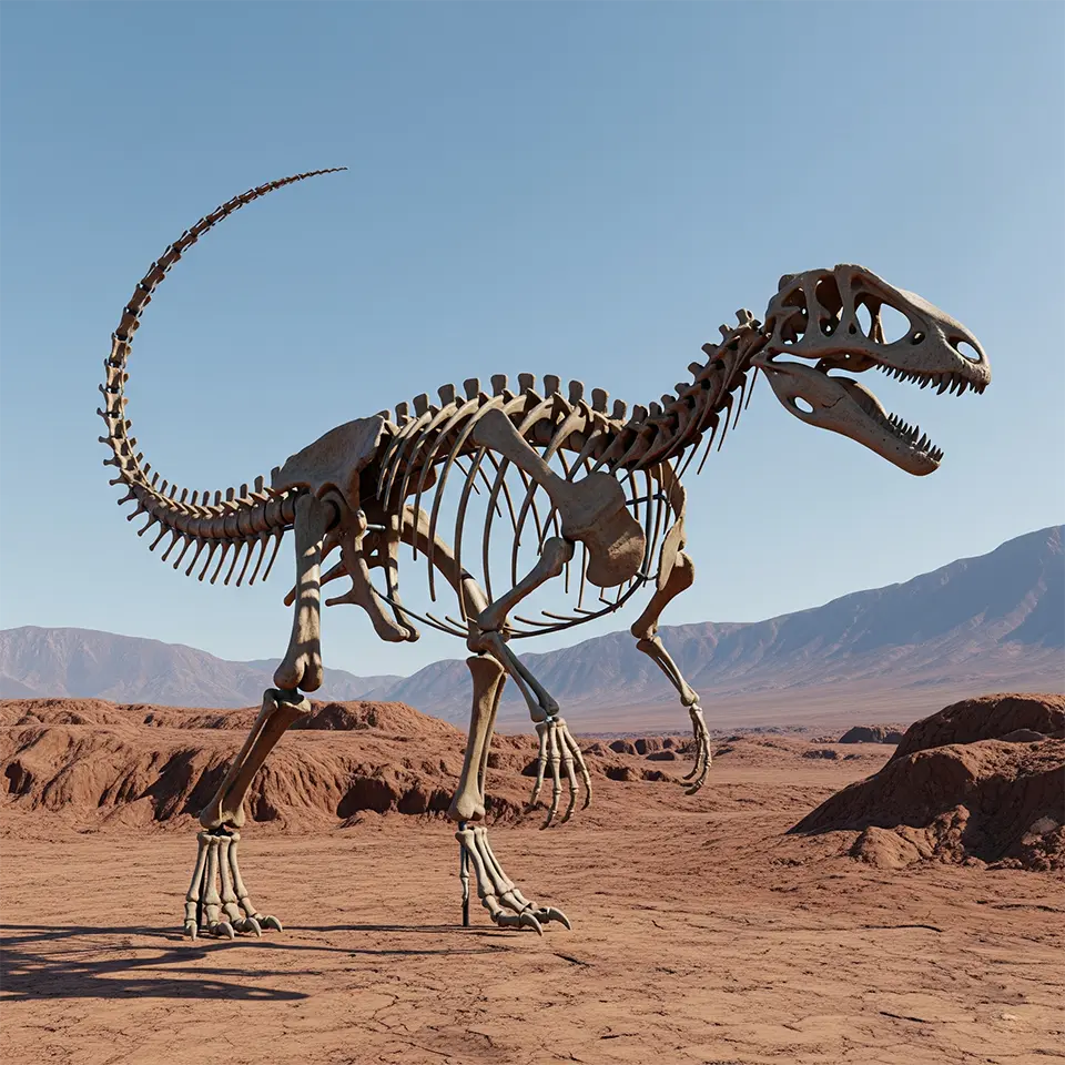 Fotorealistisches Skelett eines Ceratosaurus nasicornis in Seitenansicht, aufrecht stehend in wüstenartiger Landschaft mit Bergen im Hintergrund