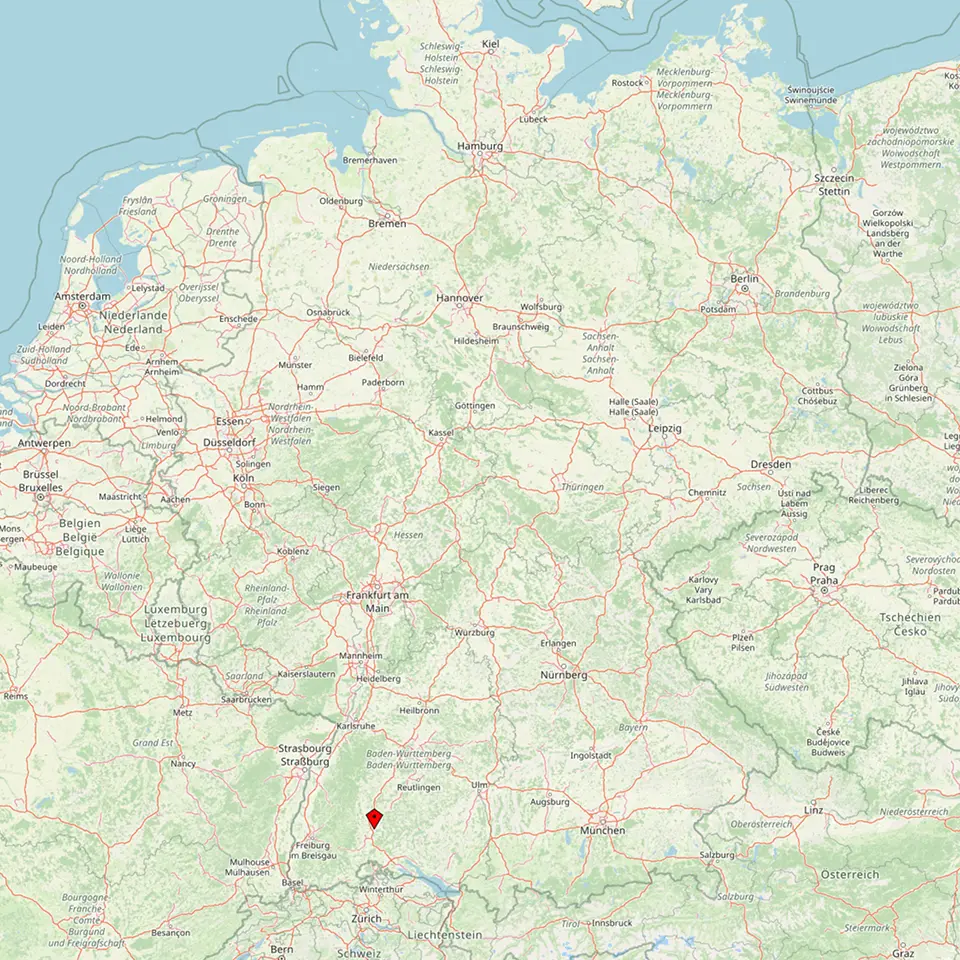 Landkarte von Deutschland mit markierter Position von Trossingen in Baden-Württemberg, Fundort des Plateosaurus.