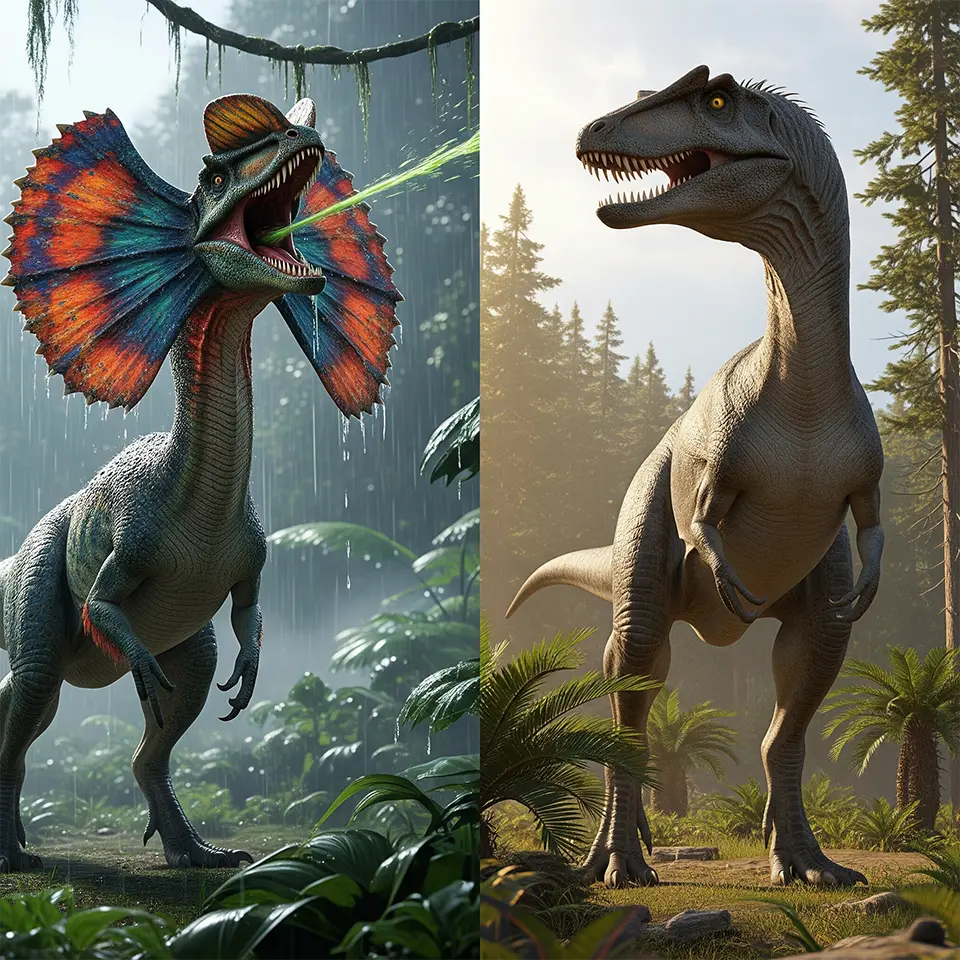 Dilophosaurus mit Halskrause aus dem Film neben wissenschaftlich korrektem, sechs Meter langem Raubdino