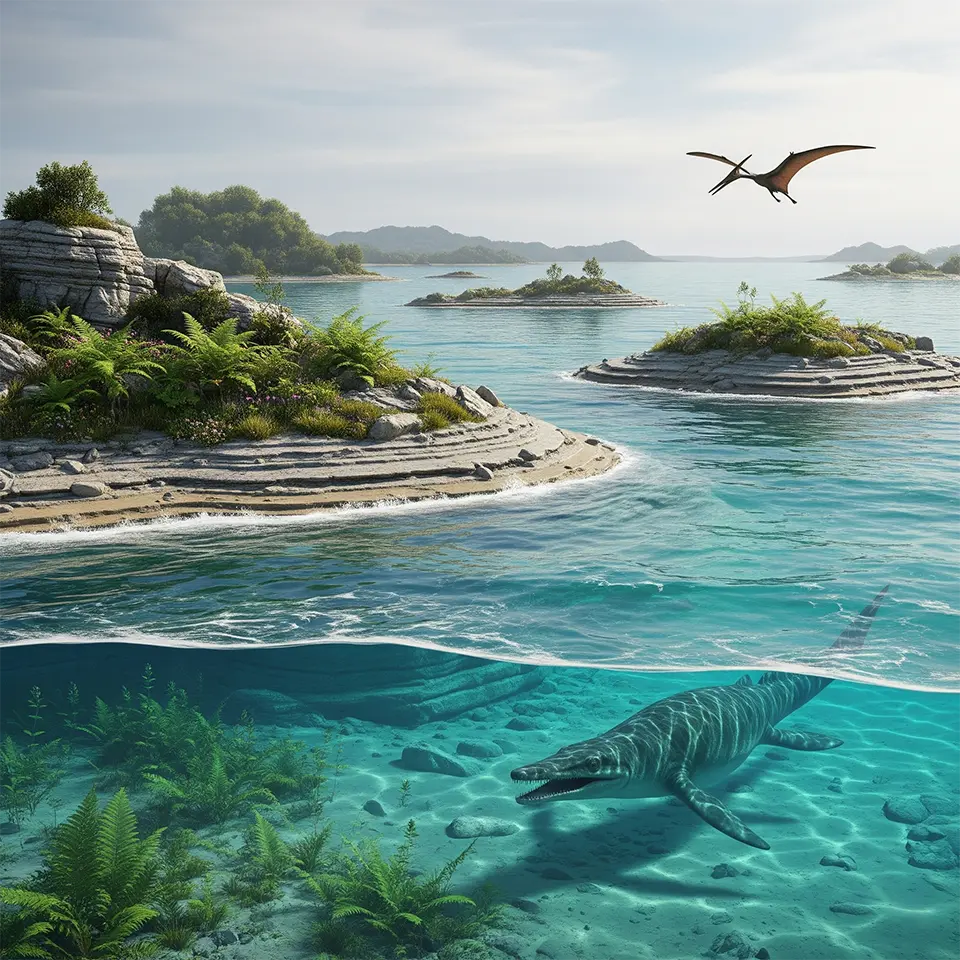 Illustration eines Meeres während der Kreidezeit mit Mosasaurier, Pterosaurier und tropischer Vegetation im heutigen Europa