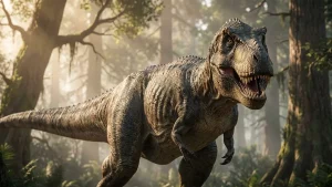 Fotorealistische Darstellung eines Dinosauriers in urzeitlicher Waldlandschaft