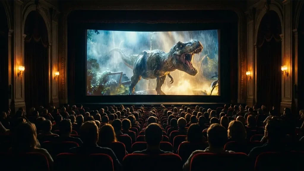 Kinosaal mit laufendem Dinosaurierfilm, auf der Leinwand ein Tyrannosaurus rex vor gespanntem Publikum