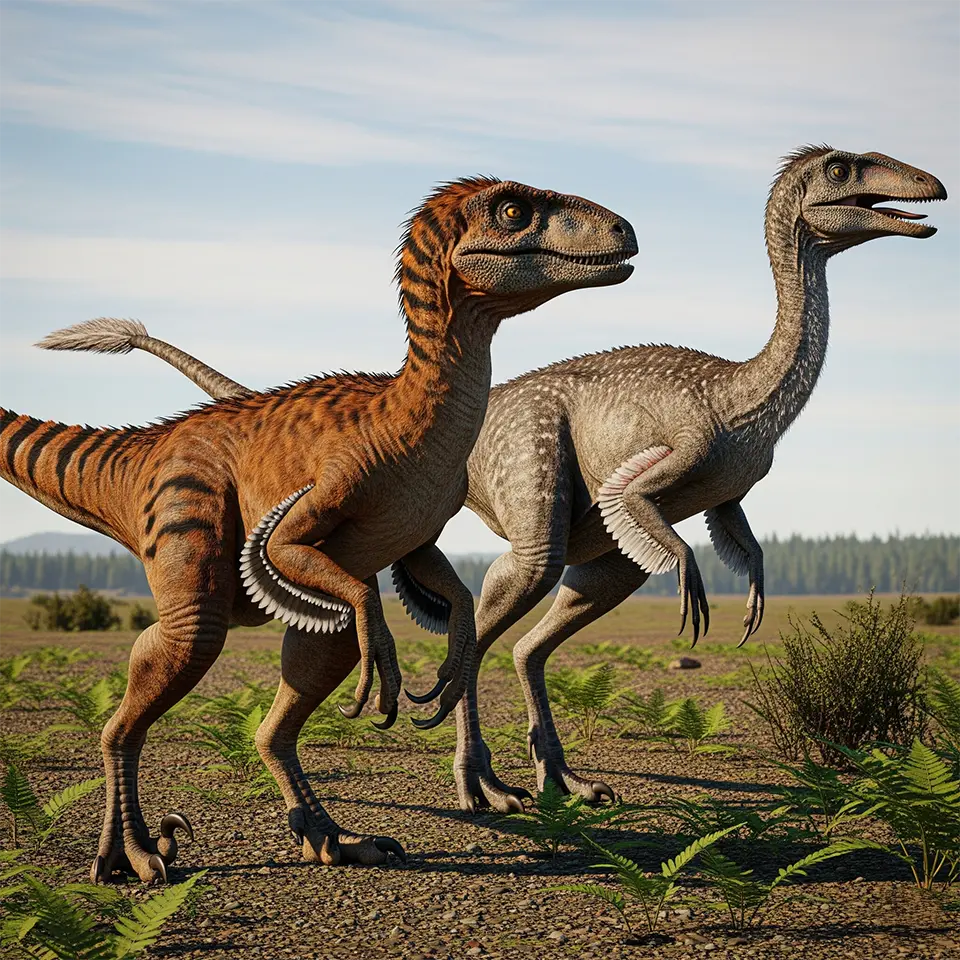 Wissenschaftlich korrekter gefiederter Velociraptor neben teilweise befiedertem Gallimimus