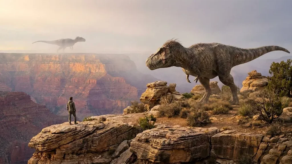 Tyrannosaurus rex und ein moderner Mensch im Größen- und Zeitvergleich – Visualisierung der enormen Zeitspanne der Dinosaurierzeit