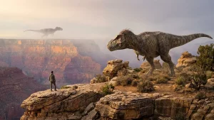 Tyrannosaurus rex und ein moderner Mensch im Größen- und Zeitvergleich – Visualisierung der enormen Zeitspanne der Dinosaurierzeit