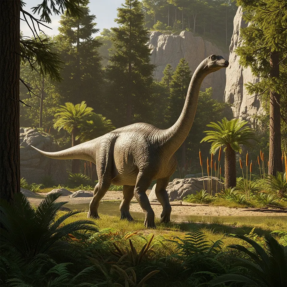 Ein Europasaurus in seiner natürlichen Umgebung zwischen Farnen und Felsen – eine Darstellung eines in Deutschland entdeckten Dinosauriers.