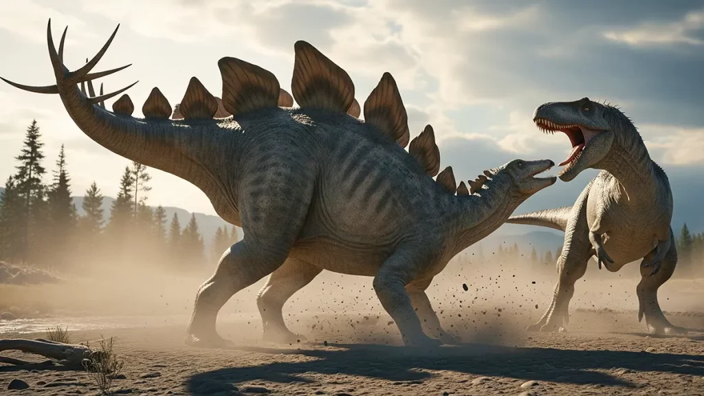 Stegosaurus im Kampf mit einem Allosaurus in einer realistischen Darstellung der späten Jura-Zeit.