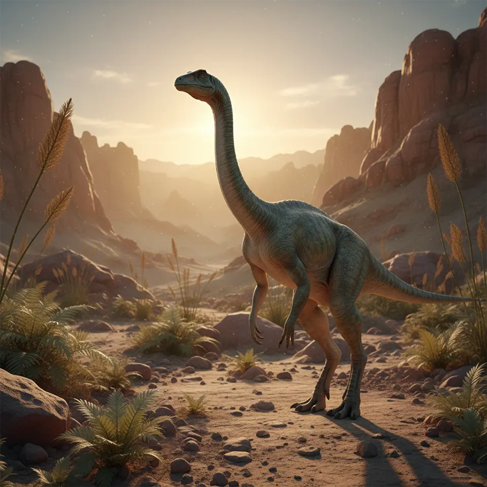 Huayracursor jaguensis, ein früher Dinosaurier mit langem Hals in einer felsigen Andenlandschaft des späten Trias – wissenschaftliche Rekonstruktion.