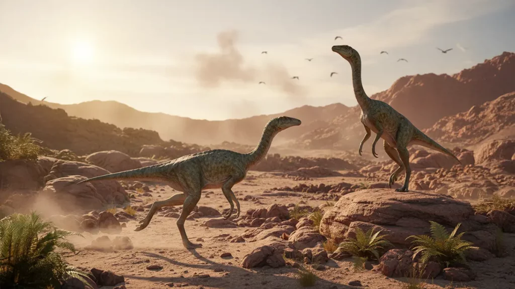 Zwei Huayracursor jaguensis Dinosaurier in einer trockenen Andenlandschaft von La Rioja, Argentinien – einer der ältesten bekannten Dinosaurierfunde der Welt.