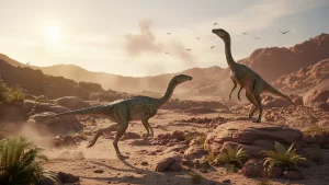 Zwei Huayracursor jaguensis Dinosaurier in einer trockenen Andenlandschaft von La Rioja, Argentinien – einer der ältesten bekannten Dinosaurierfunde der Welt.
