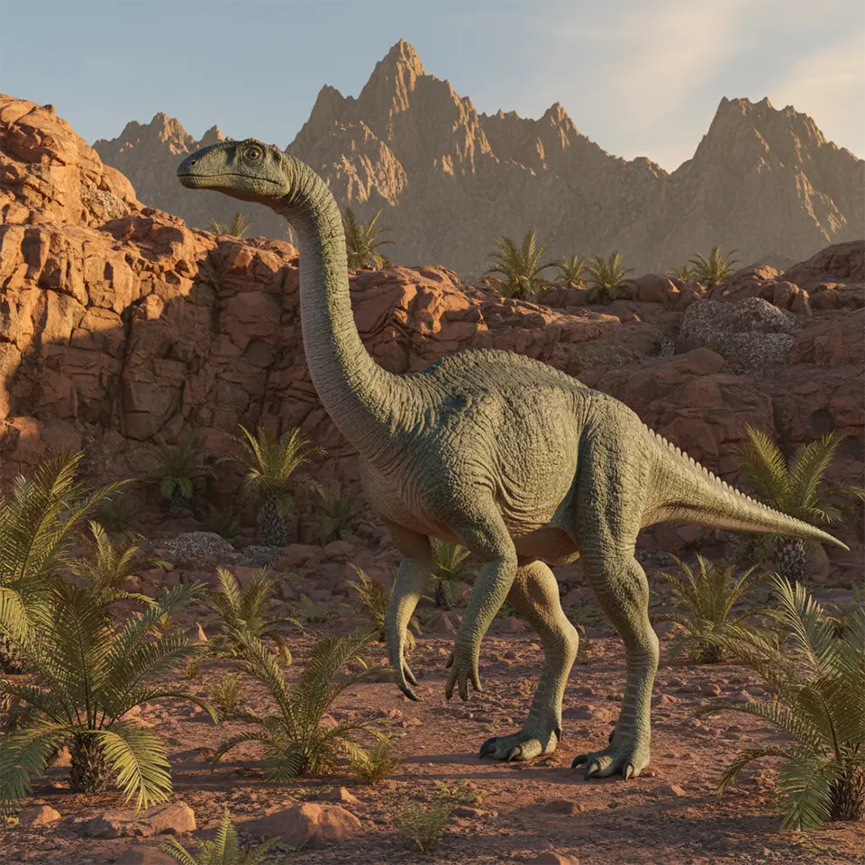 Der Dinosaurier Huayracursor jaguensis in einer felsigen Andenlandschaft im späten Trias – einer der ältesten bekannten Dinosaurier der Welt, entdeckt in Argentinien.
