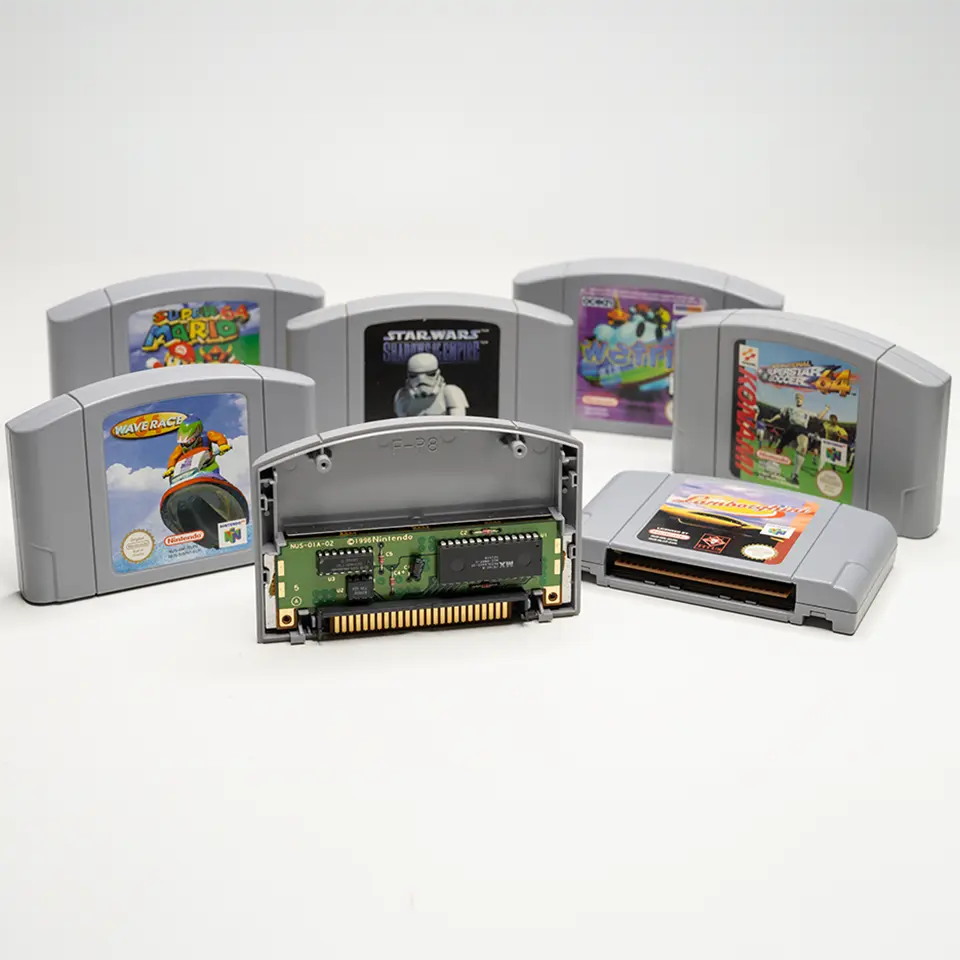 Mehrere originale Nintendo 64 Spielmodule, darunter Klassiker wie Super Mario 64 und Wave Race 64