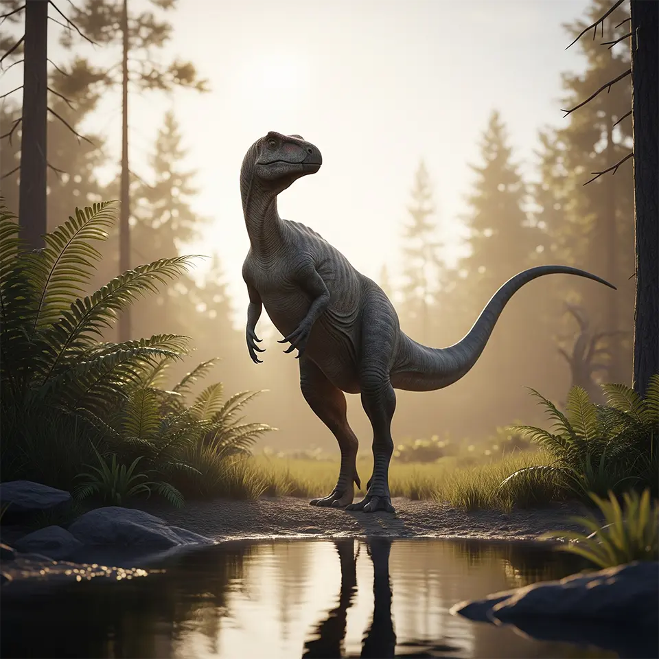 Ein Plateosaurus in seiner natürlichen Umgebung – rekonstruiert nach Funden aus Trossingen.