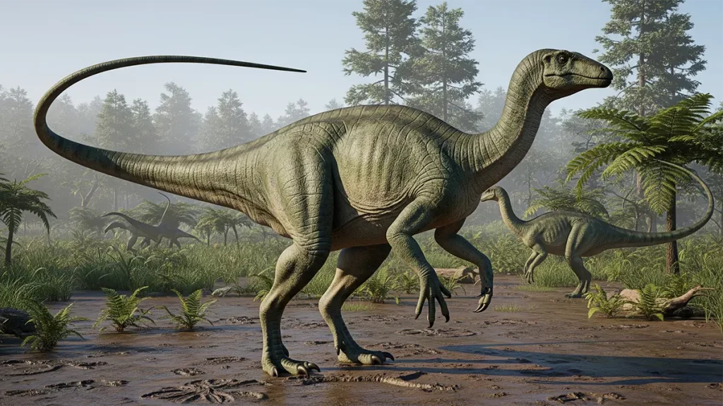 Rekonstruktion eines Plateosaurus in einer offenen Landschaft der Obertrias bei Trossingen, mit detailreicher Hautstruktur und peitschenartigem Schwanz.