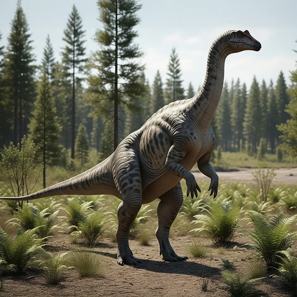 Fotorealistische Darstellung eines Plateosaurus in seiner natürlichen Umgebung – basierend auf Fossilfunden aus Süddeutschland.