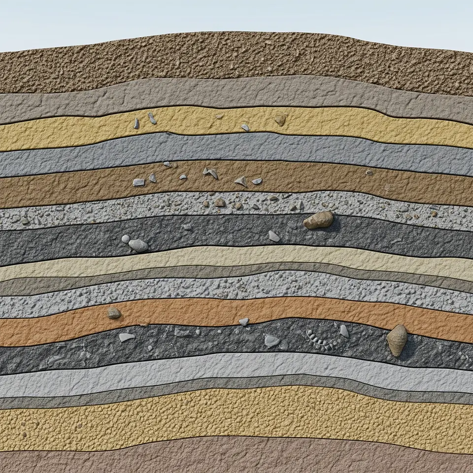 Schematische Darstellung verschiedener Sediment- und Gesteinsschichten im Erdreich – ideal zur Veranschaulichung geologischer Prozesse.
