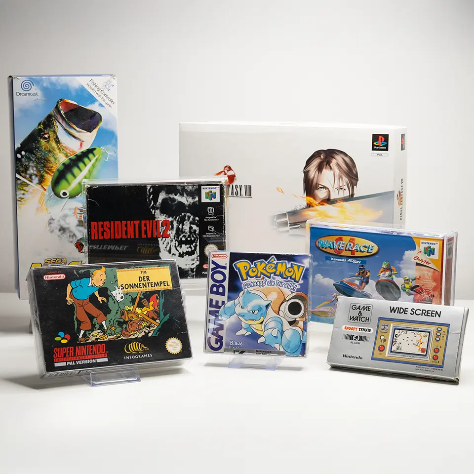 Auswahl seltener Videospiele aus den 90er Jahren, darunter Pokémon, Resident Evil und Game & Watch