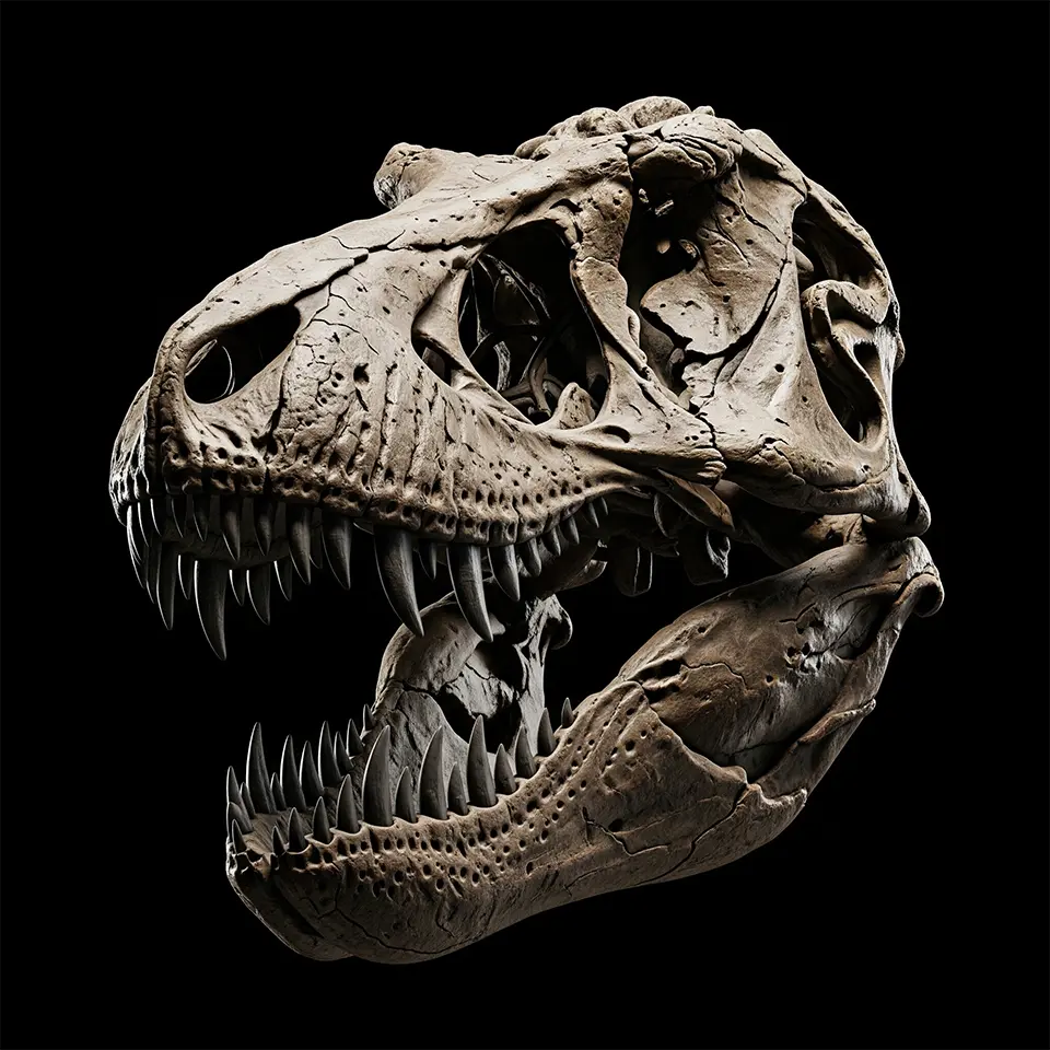 Fotorealistischer Schädel eines Tyrannosaurus rex vor schwarzem Hintergrund, dramatisch ausgeleuchtet