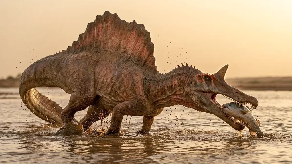 Spinosaurus mirabilis jagt im flachen Fluss der Sahara – deutlich sichtbares Nasenhorn und anatomisch korrektes Rückensegel in dramatischer Szene