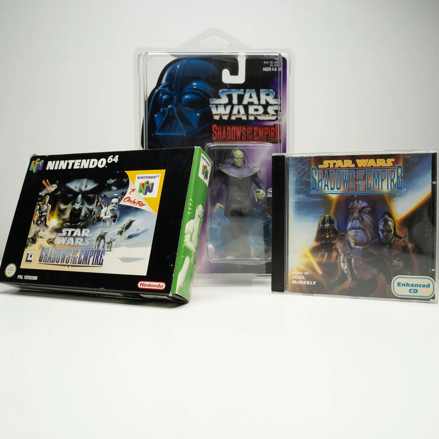 Star Wars Shadows of the Empire Set – Nintendo 64 Spiel mit OVP, Soundtrack CD und Actionfigur