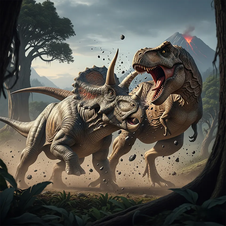 Kampf zwischen Tyrannosaurus rex und Triceratops – epische Darstellung zweier Dinosaurier im Duell
