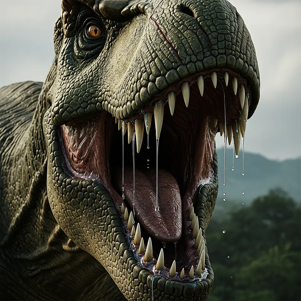 Tyrannosaurus rex im Angriff mit weit geöffnetem Maul – realistische Darstellung des Raubdinosauriers