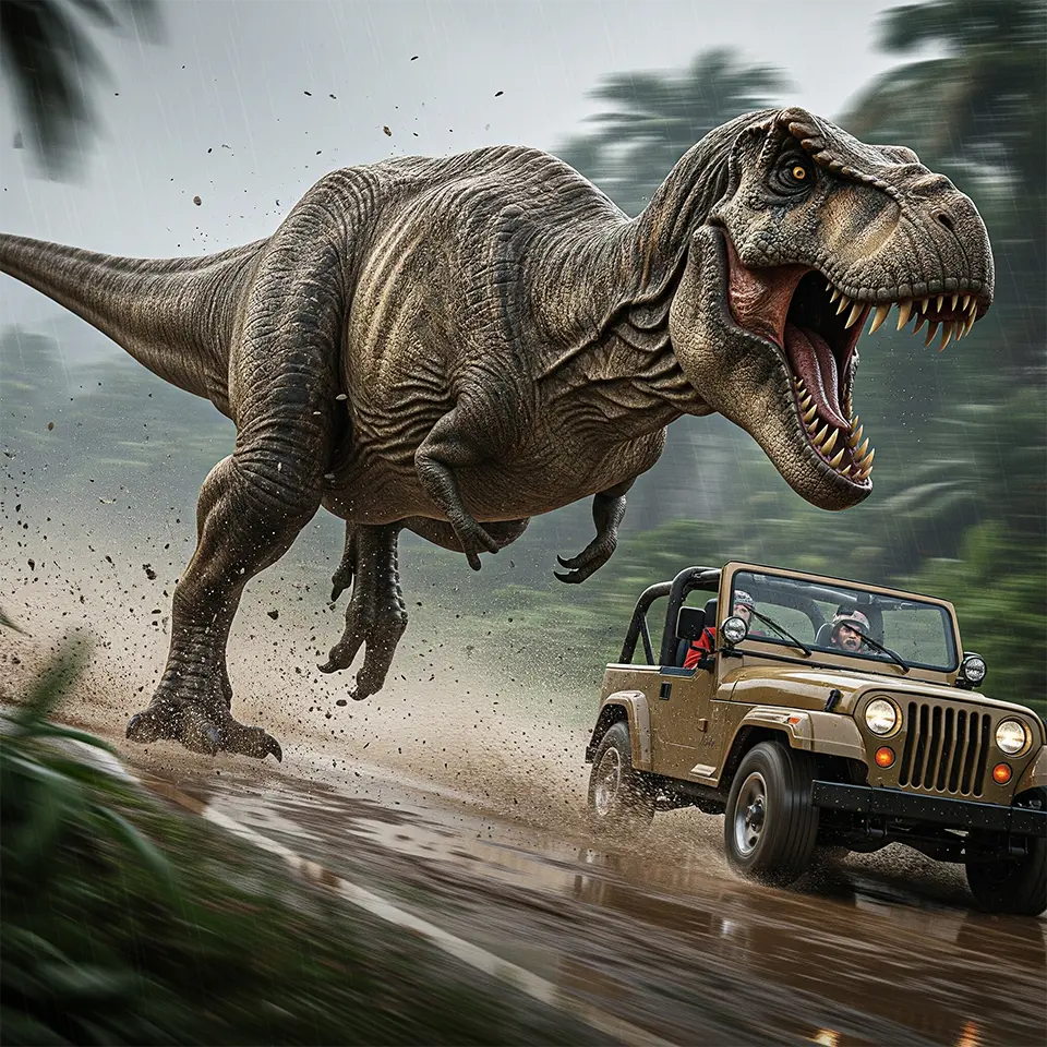 Tyrannosaurus rex jagt einen Jeep in einer ikonischen Jurassic Park-Szene bei Regen