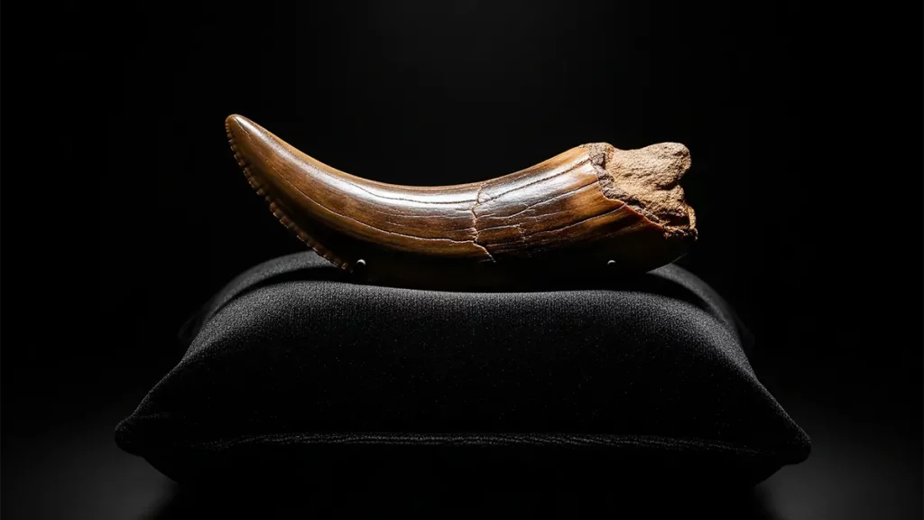 Fossiler T. rex-Zahn auf schwarzem Samtkissen, dramatisch von oben beleuchtet in dunklem Raum
