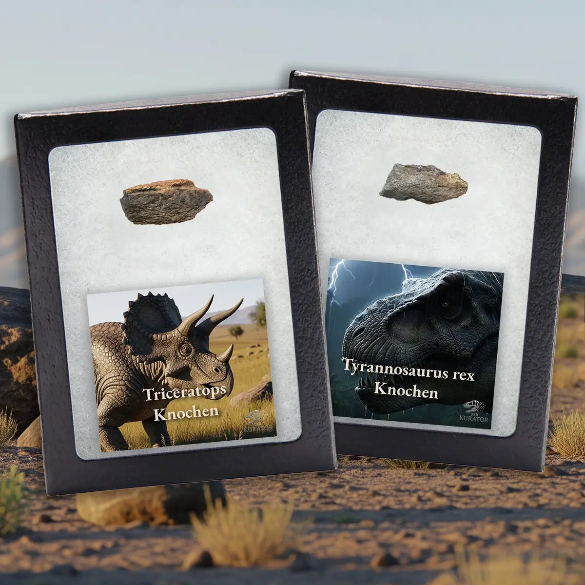 Triceratops- und T. rex-Knochenfragmente im Set – echte Dinosaurier-Fossilien in edler Sammlerbox