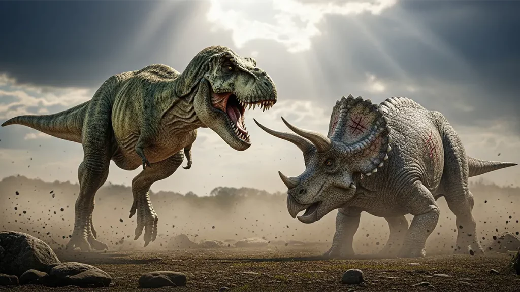 Epischer Kampf zwischen Triceratops und Tyrannosaurus rex – Dinosaurier-Duell der Giganten in realistischer Darstellung