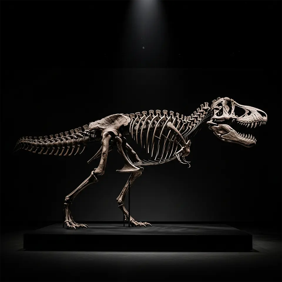 Fotorealistisches Tyrannosaurus-rex-Skelett auf schwarzem Podest, dramatisch von oben beleuchtet, vor komplett schwarzem Hintergrund